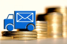 A blue mail truck surrounded by stacks of gold coins on a light background