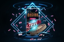 An illustration of an online casino banner on a mobile with various casino games and neon lights on a dark background 