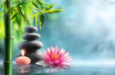 An image of a waterlily, candle, massage stones and bamboo in water