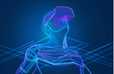 An abstract illustration in neon lines of a human wearing a virtual reality headset against a dark blue background 