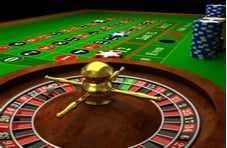 A 3D rendered image of a roulette wheel and betting table with stacks of casino chips with a dark background