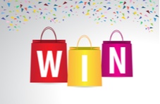 An illustration of three shopping bags in red, yellow and pink with the word WIN on against a white background