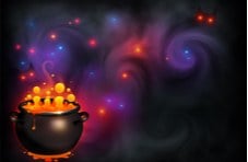 An animated image of a witch’s cauldron with a bubbling orange brew against a magic smoky violet background