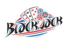 logo showing 3 seven playing cards, chips and the word Blackjack