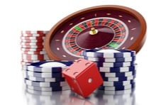 A 3D Illustration of a roulette wheel with casino chip stacks and a die on a white background