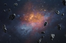 An abstract image of asteroids in dark deep space with a glowing cluster of stars with elements from NASA