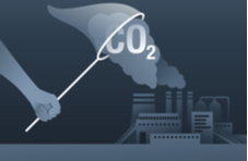 An extended arm holding a net capturing CO2 emissions rising from factories and power plants