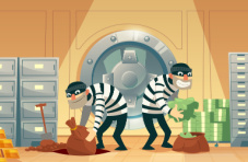A cartoon illustration of two robbers in a bank vault