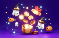 A 3D image of a gift box with gold coins, pumpkins and cute ghosts on an indigo background 