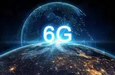 Digital illustration of glowing "6G" text over Earth from space with city lights and blue network connections on dark background