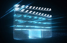 An illustration of a 3D hologram movie clapperboard isolated on a black background