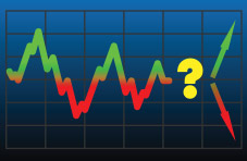 An illustration of a volatile graph on a grid with arrows pointing up and down and a question mark against a blue background