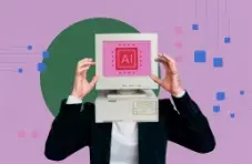 An illustration of a person holding a vintage computer monitor displaying an AI icon against a colourful digital background