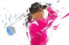 A illustration of a lady golfer swinging a golf club broken up by geometric patterns isolated on white