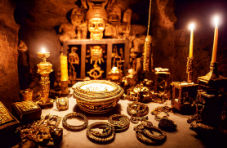 An image of ancient Aztec golden treasures and artefacts in a candlelit cave