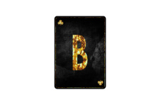 A black playing card with a fiery B symbol on it, isolated on white