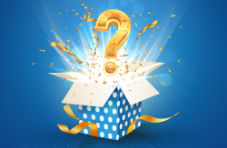 An illustration of a white dotted blue box with gold ribbons and a question mark coming our of the box on a blue background 