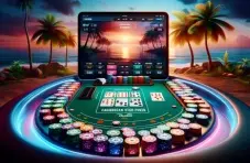 An AI generated image of a sunset beach scene with a Caribbean Stud poker table, casino chips and online gaming interface