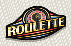 An line art illustration of a banner with the word roulette and a roulette wheel against a striped white and grey background 