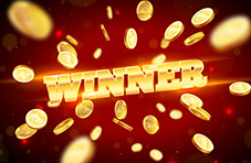 An illustration of the word ‘winner’ in gold with gold coins splashed around on a dark background with a burst of deep red