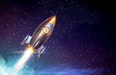 An image of a rocket with the Bitcoin logo on shooting into space