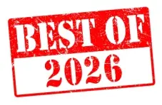 An illustration of a red Best of 2026 stamp with distressed texture isolated on a clean white background