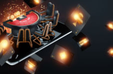 An illustration of a blackjack table with chairs on a smartphone screen with playing cards floating around on a dark background