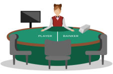 A 2D illustration of a lady croupier standing over the Player and Banker sections of a baccarat table isolated on white
