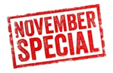 An illustration of a red “November Special” stamp, isolated on a white background 