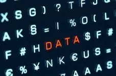 An illustration of glowing orange "DATA" text among scattered white letters and symbols on a dark blue background