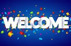 An illustration of white "Welcome" text surrounded by colourful falling confetti on a dark blue background