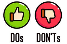 An illustration of thumbs up and thumbs down icons in green and red bubbles with ‘Dos’ and ‘Don’ts’ written, isolated on white 
