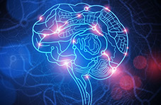 A concept illustration of a human brain with the neurons firing brightly on a blue and pinkish background