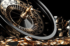 An 3D illustration of a black and gold roulette wheel, casino chips and coins on a black background