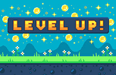 A screenshot of a 2D retro-style outdoor landscape video game layout with a banner saying ‘LEVEL UP’