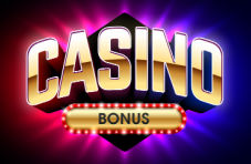An illustration of casino bonus banner in gold with bonus surrounded by show lights on a pink, blue and black background