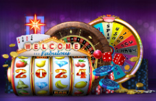 A slot barrel with 2024 on the reels surrounded by casino game elements on a purple background