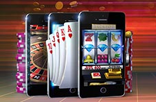 A 3D illustration of three smartphones displaying casino games with a stack of chips on a striped dark red background