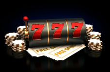 An illustration of a grey slot barrel with three red 7s, ‘free spins’ coupons and stacks of casino on a dark background 
