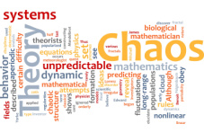 A colourful word cloud concept of the chaos theory on a white background