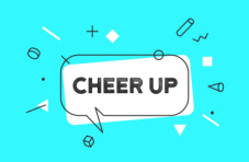 A white cheer up banner in a speech bubble on a light blue background