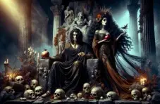 An AI generated image of  Hades and Persephone in the underworld with skulls of the dead at their feet