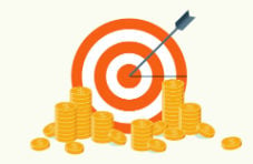 A round red target with a an arrow in the bullseye and stacks on coins against a pale yellow background