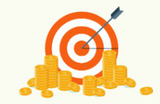 A round red target with a an arrow in the bullseye and stacks on coins against a pale yellow background