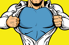 A comic book style illustration of a man opening up his shirt to reveal a light blue superhero suit