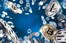 Golden and silver coins with the Bitcoin and Litecoin logos scattered across the screen on a blue background