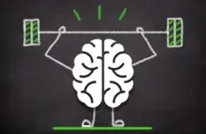 An illustration of a brain lifting weights like a barbell on a chalkboard-style black background
