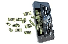 An illustration of a smartphone rendered as a partially open bank vault with bank notes flowing into the vault on white