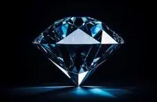 A 3D illustration of a blue-tinted faceted diamond, centered and reflecting light, set against a dark, black gradient background