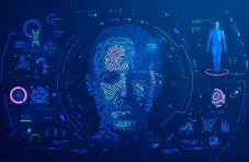 An illustration of a tech fingerprint face scan, with biometric interface elements on a blue futuristic technology background